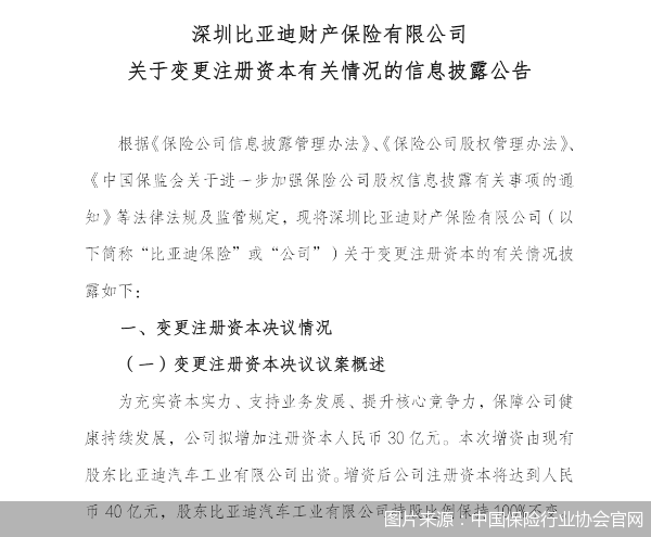 比亚迪保险拟增资30亿元