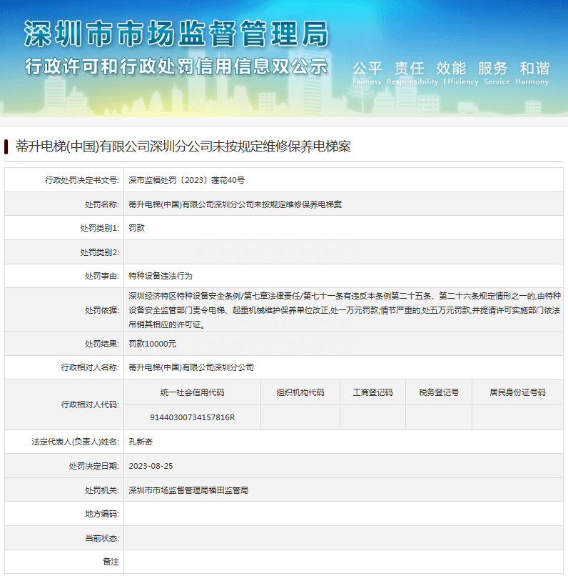 蒂升电梯（中国）有限公司深圳分公司未按规定维修保养电梯案