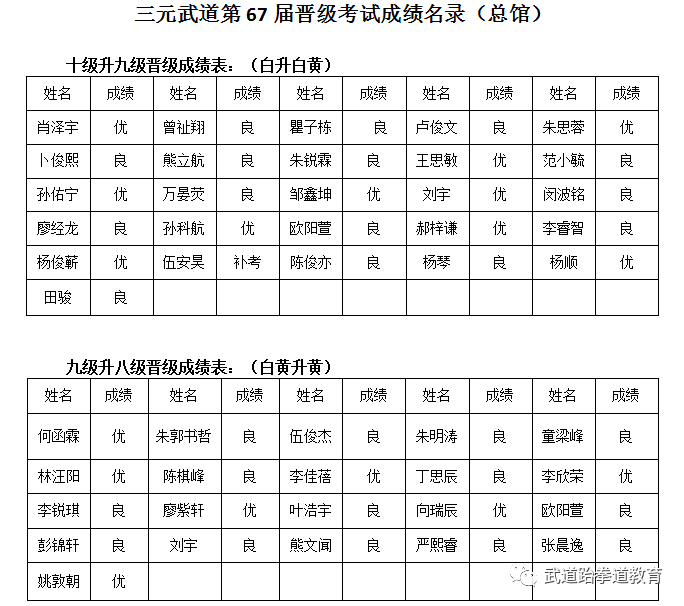 三元武道第67届晋级考试成绩名录