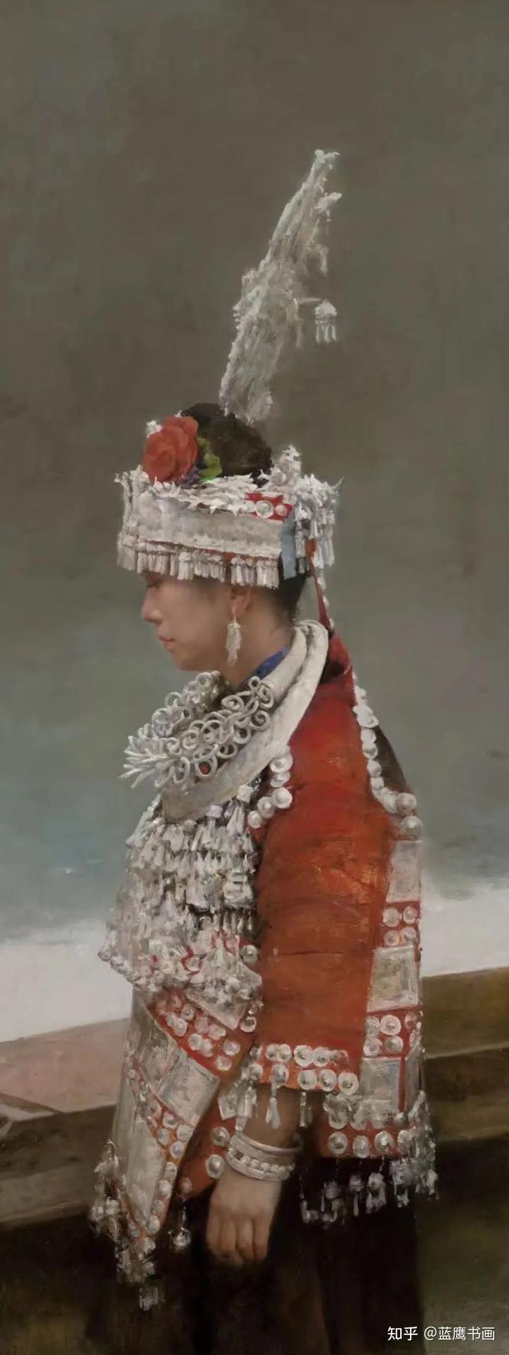 杨化喜创作的油画作品，展现了苗族少女的风情，获得了广泛关注